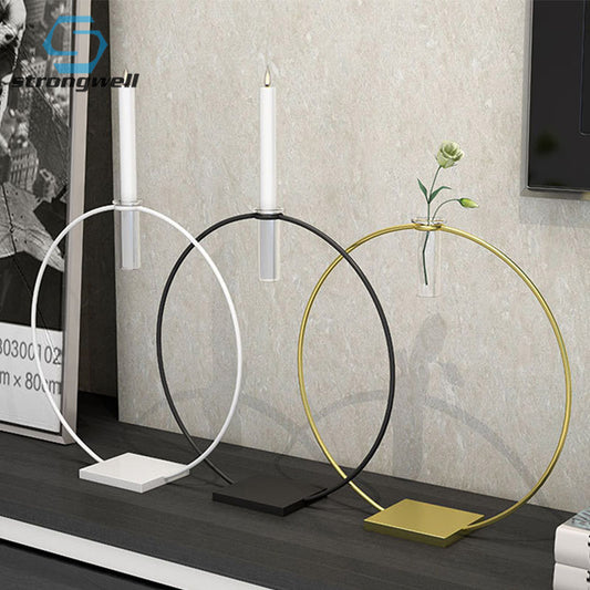 Strongwell Black Golden Metal Geometry Round Candlestick Ornaments Flower Vase Desktop Candle Holder Home Decoration Gift