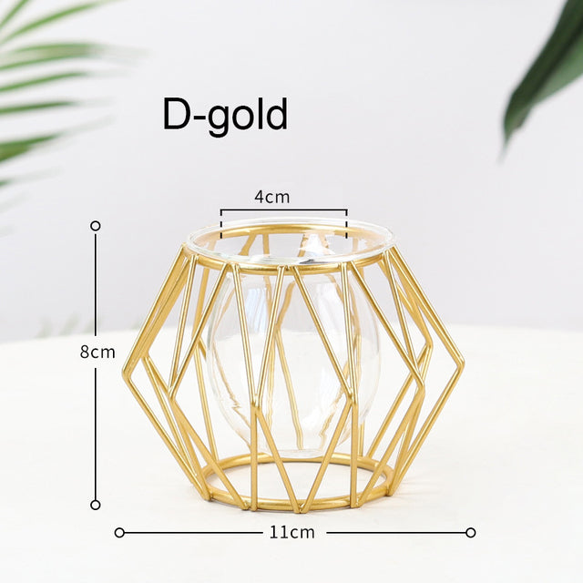 Nordic Iron Golden Hydroponic Glass Vase Creative Home Ornaments Living Room Desktop Decoration Geometric Flower Plant Vase