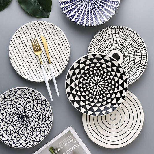 Nordic Creative Geometric Design Plates Underglaze Ceramic Handmade Dinner Serving Dish Plate Round Kitchen Tableware Home Decor