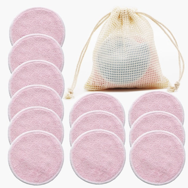 Reusable Bamboo Makeup Remover Pads 12pcs/Bag Washable Rounds Cleansing Facial Cotton Make Up Removal Pads Tool