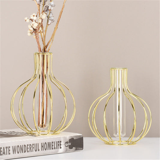 Nordic Light Luxury Wrought Iron Flower Stand Transparent Glass Test Tube Hydroponic Vase Desktop Golden Decoration Ornaments