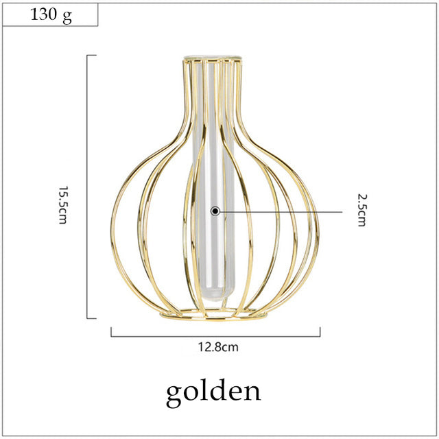 Nordic Light Luxury Wrought Iron Flower Stand Transparent Glass Test Tube Hydroponic Vase Desktop Golden Decoration Ornaments