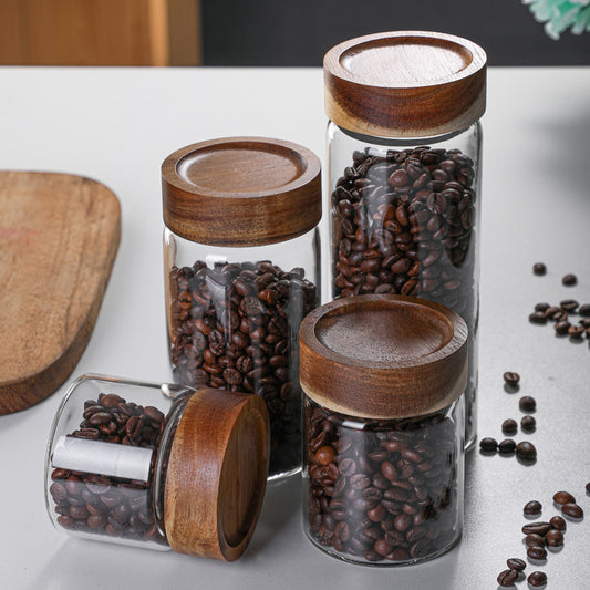 New Style Thickened Lid Glass Sealed Storage Jar Glass Storage Bottle Acacia Wood Lid Threaded Mouth Sealed Storage Jar