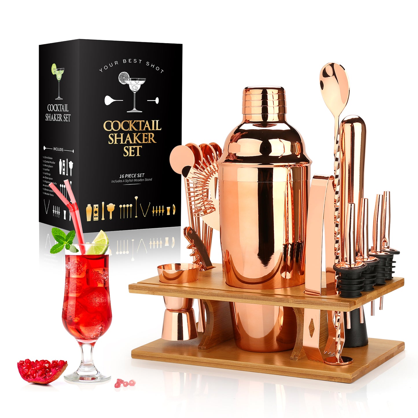 Cocktail Shaker Making Set,16pcs Bartender Kit for Mixer Wine Martini, Stainless Steel Bars Tool, Home Drink Party Accessories