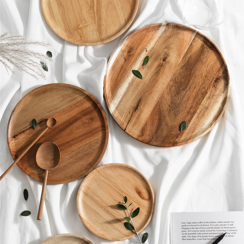 Acacia Wood Plate 3 Sizes Dishes for Serving Wood Plates Set Cake Stand Tableware Wooden Partitioned Dish Food Compartment Bar